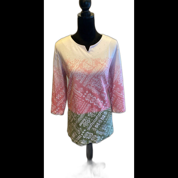 Southern Lady Blouse Sz Large Top White Pink Green Design + Stretch Casual Long - Picture 1 of 10